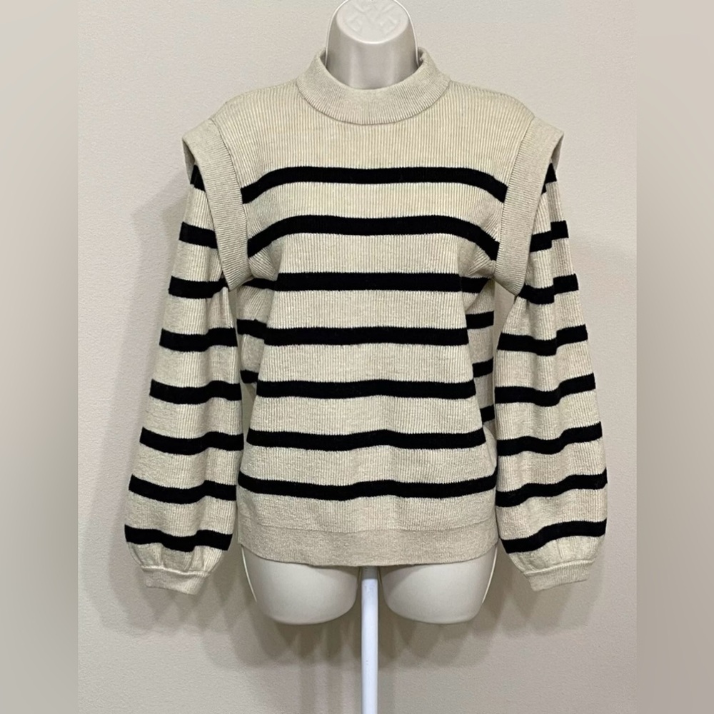 LouKeith Women’s Black & Tan Striped Long Sleeve High Neck Knit Sweater s S